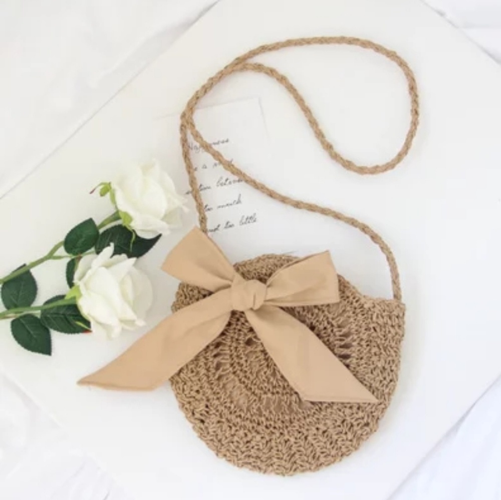 🆕Cute Circle Straw Bags with cute Bow Beige Brown